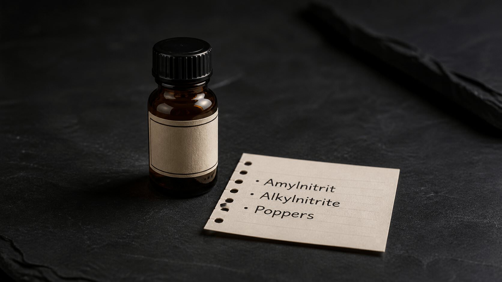 Amylnitrit-Droge-Fläschchen mit Notizen zu Amylnitrit, Alkylnitriten und Poppers