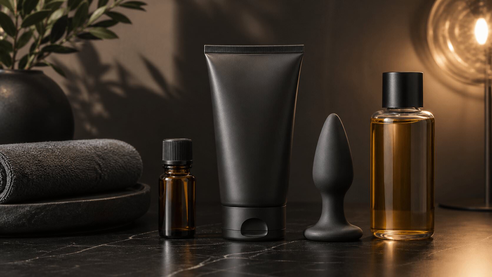 Poppers-Alternative mit Gleitgel, Analplug, Massageöl und neutralem Fläschchen