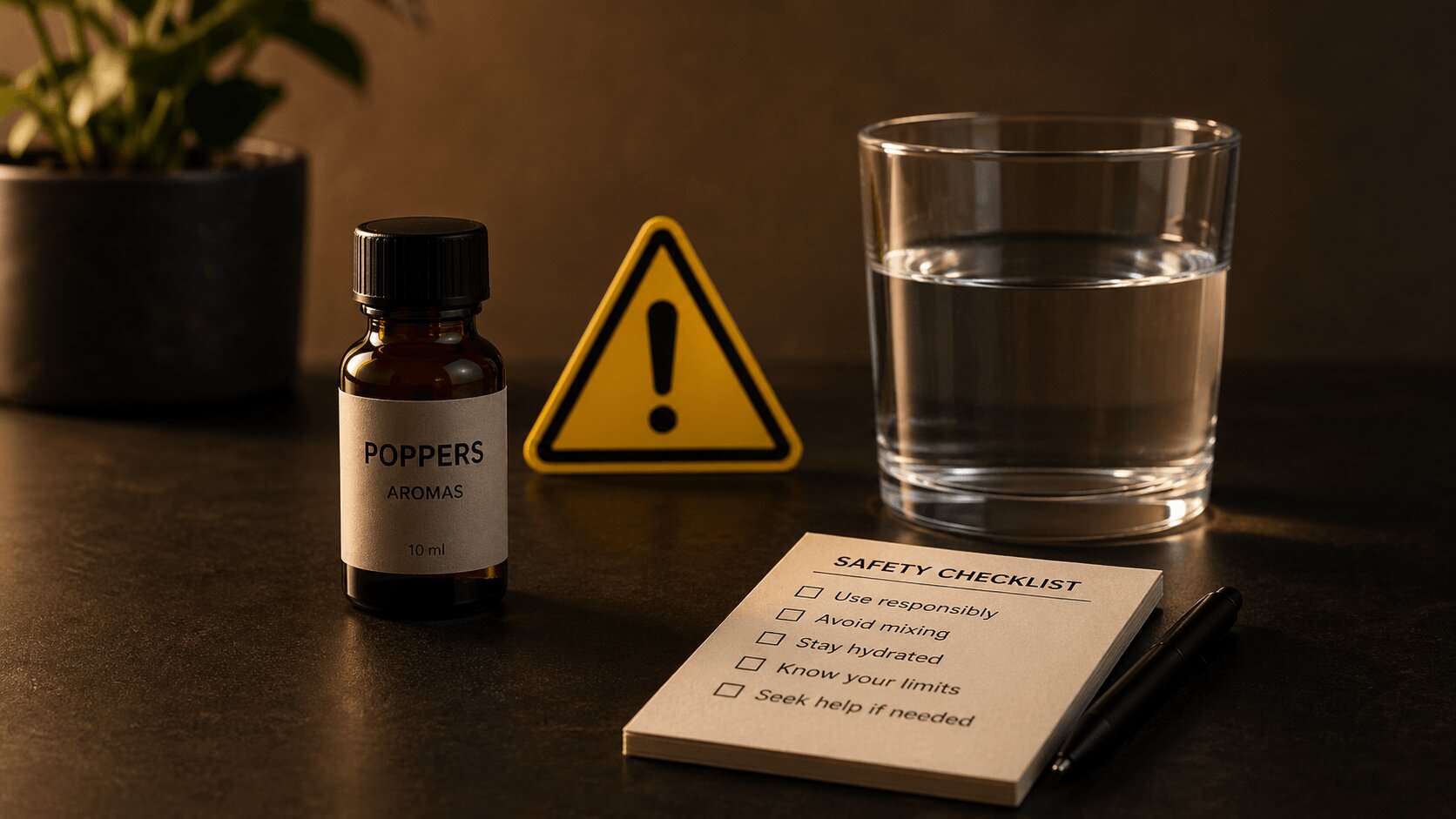 Poppers-gefährlich-Fläschchen mit Warnsymbol, Wasser und Sicherheitscheckliste