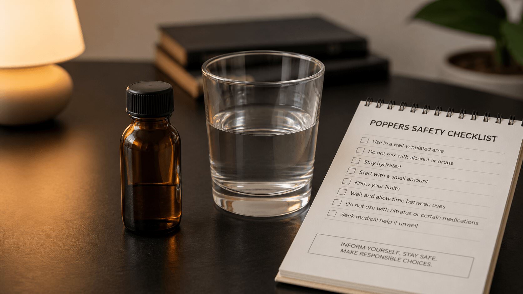 Poppers-Langzeitfolgen-Fläschchen mit Wasser und Checkliste auf dunklem Tisch
