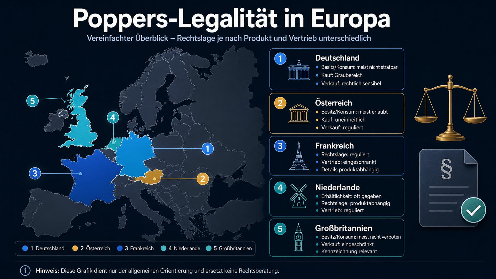 Europa-Infografik zur Poppers-Legalität in Deutschland, Österreich, Frankreich, den Niederlanden und Großbritannien