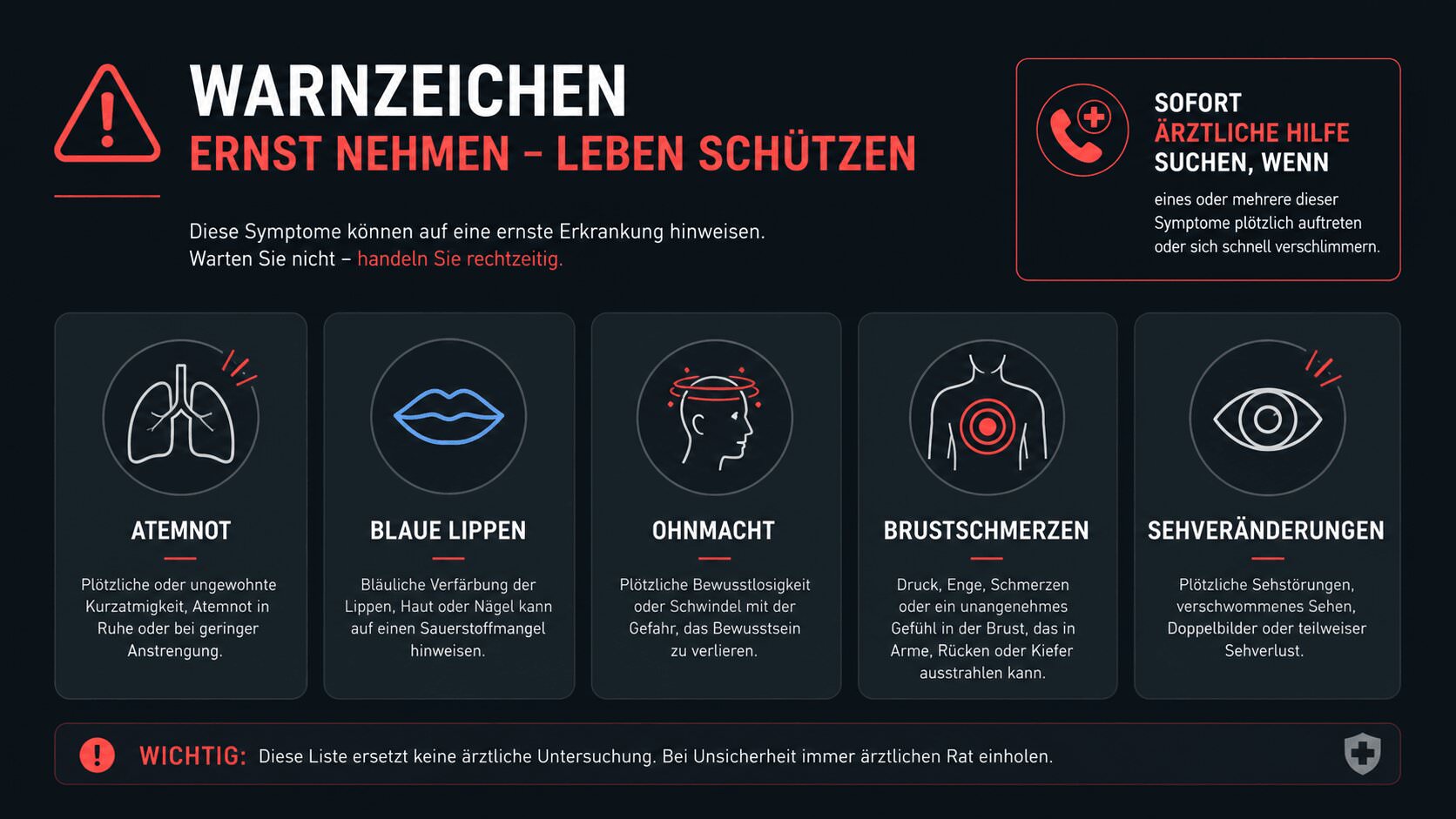 Warnzeichen bei Poppers-Nebenwirkungen mit Symbolen für Atemnot, Ohnmacht und Sehveränderungen
