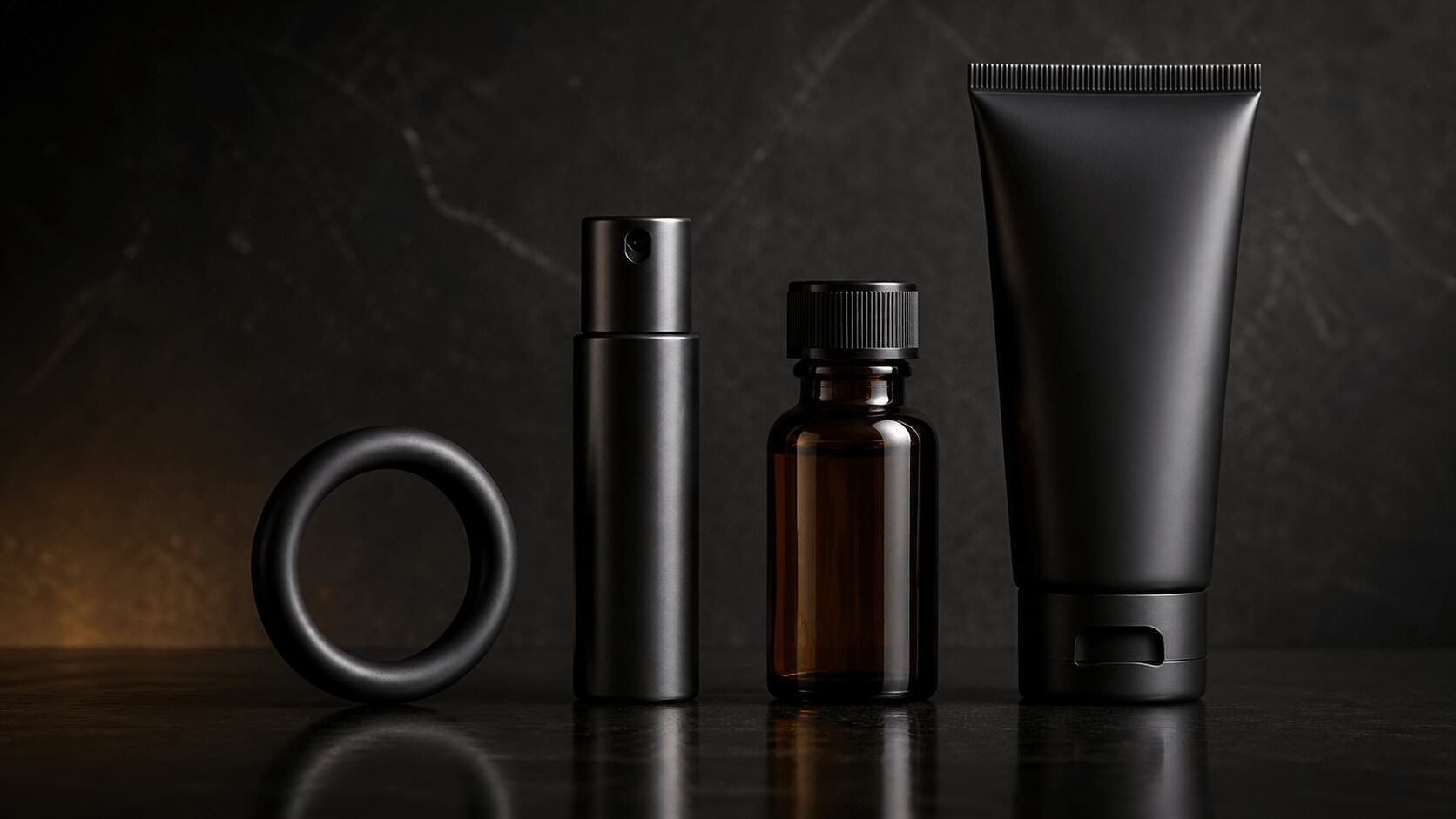 Poppers-Zubehör mit Penisring, Inhaler, Fläschchen und Gleitgel als Alternative zu Potenzmitteln