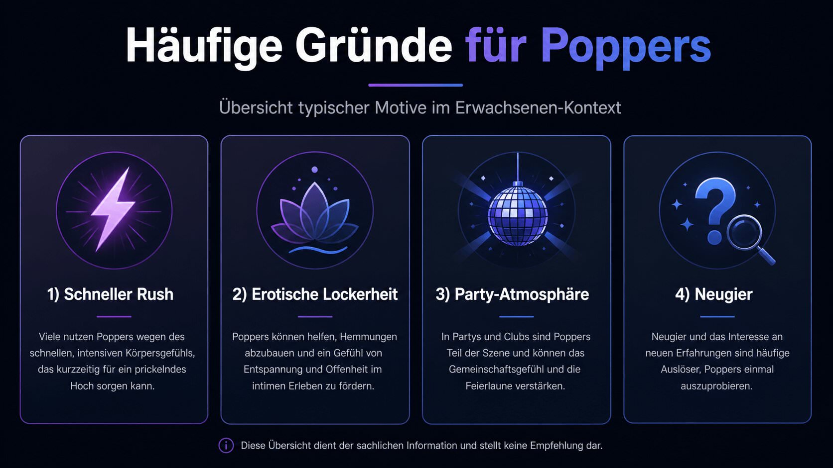Infografik zu Gründen für Poppers mit Rush, Sex, Party und Neugier