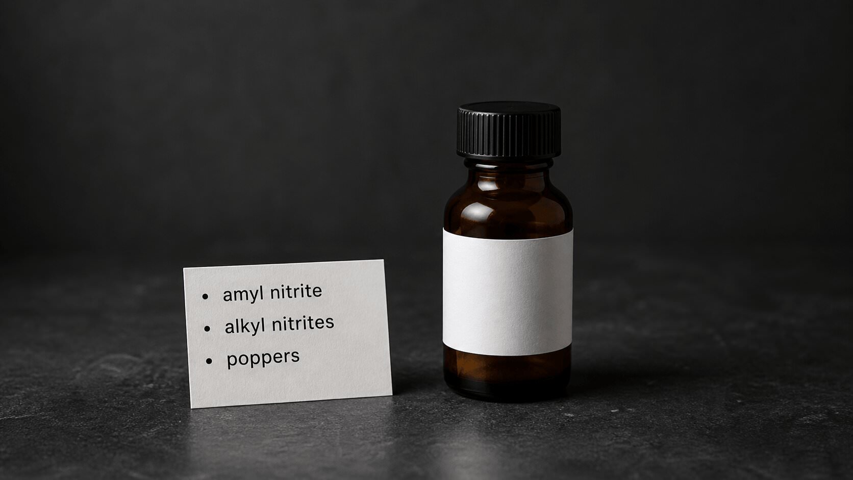 Amyl nitrite drug bottle with notes on amyl nitrite, alkyl nitrites and poppers