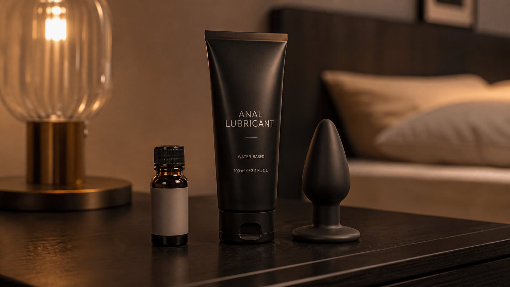 Poppers anal with neutral bottle, lubricant and anal plug on dark bedside table