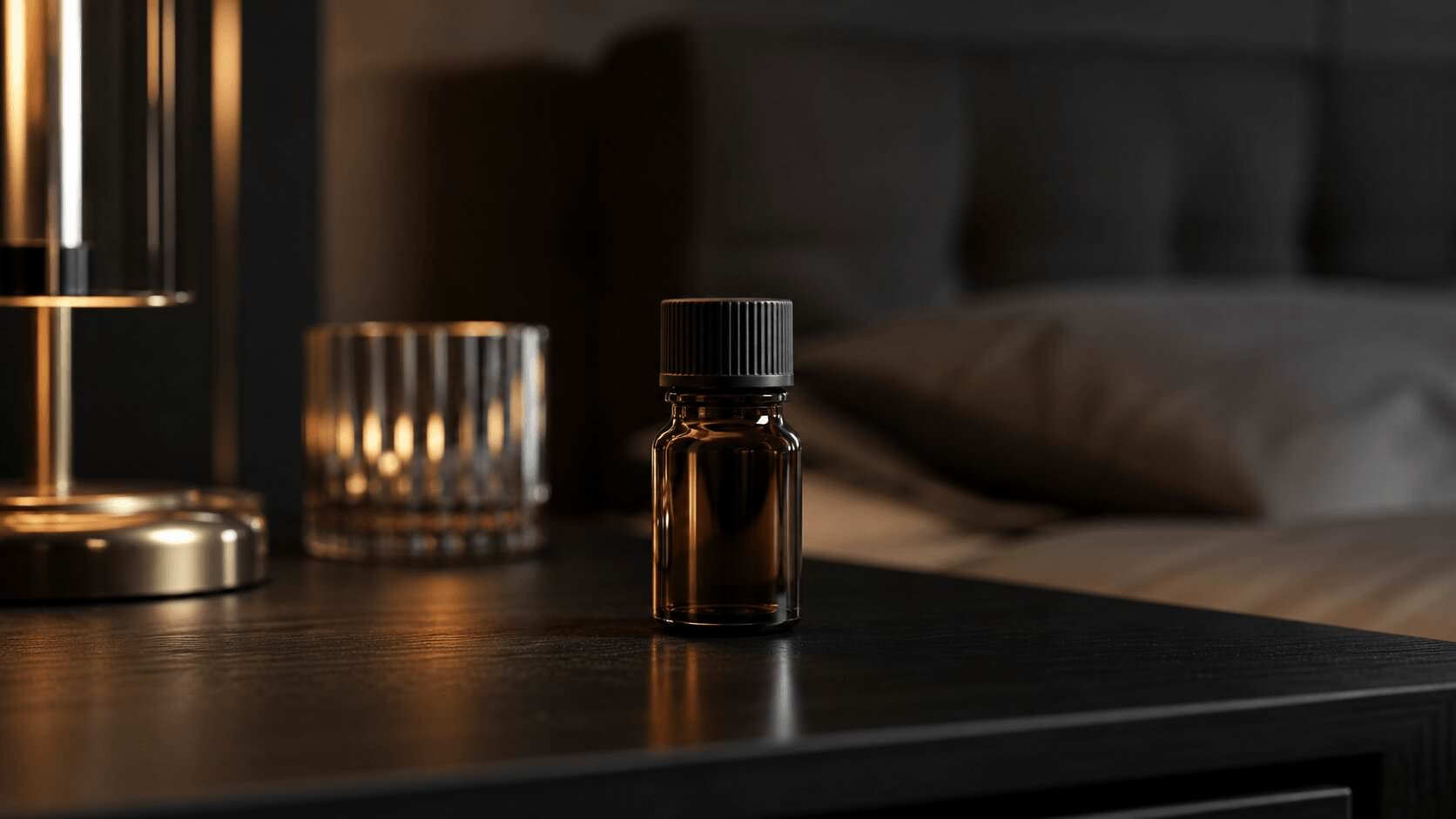 Poppers effects bottle on a dark bedside table in a subtle atmosphere