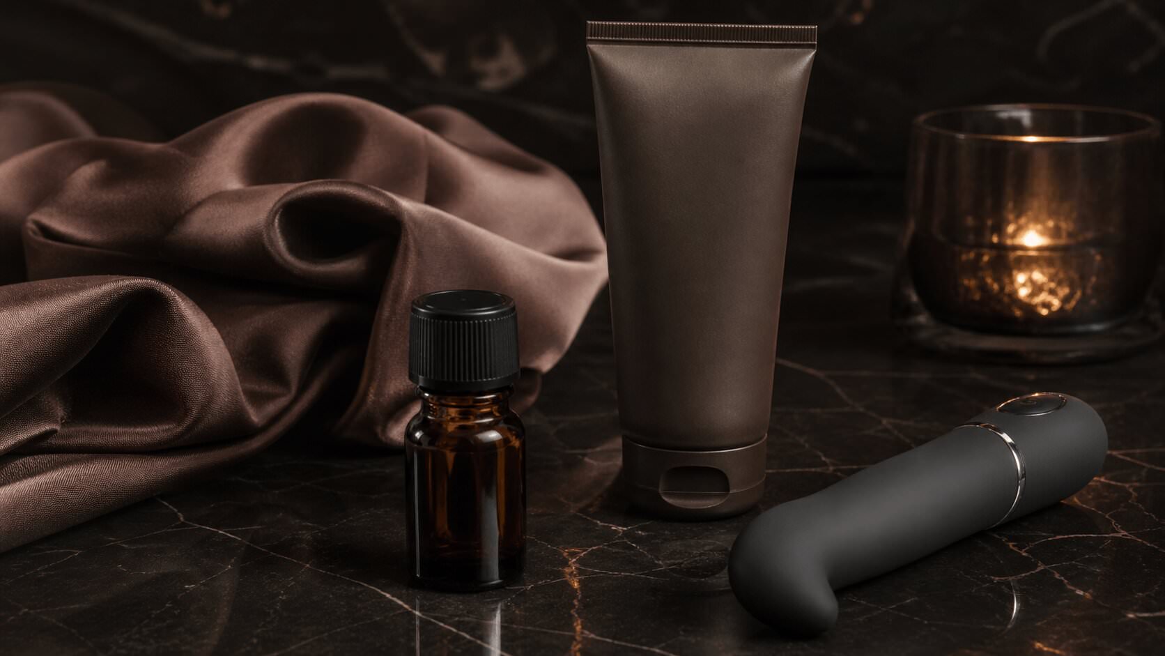 Poppers for women with lubricant and toy in stylish intimate scene