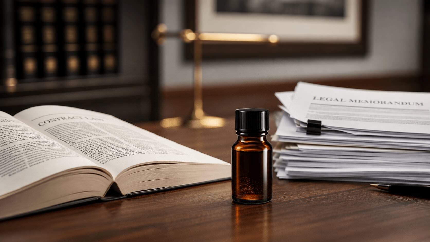 Poppers legal bottle beside law book and documents on a desk