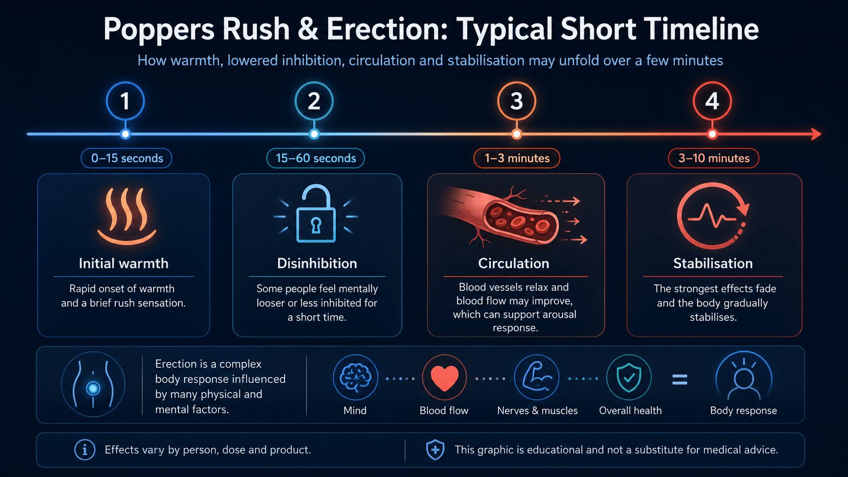 Timeline about poppers rush, erection, circulation and stabilisation
