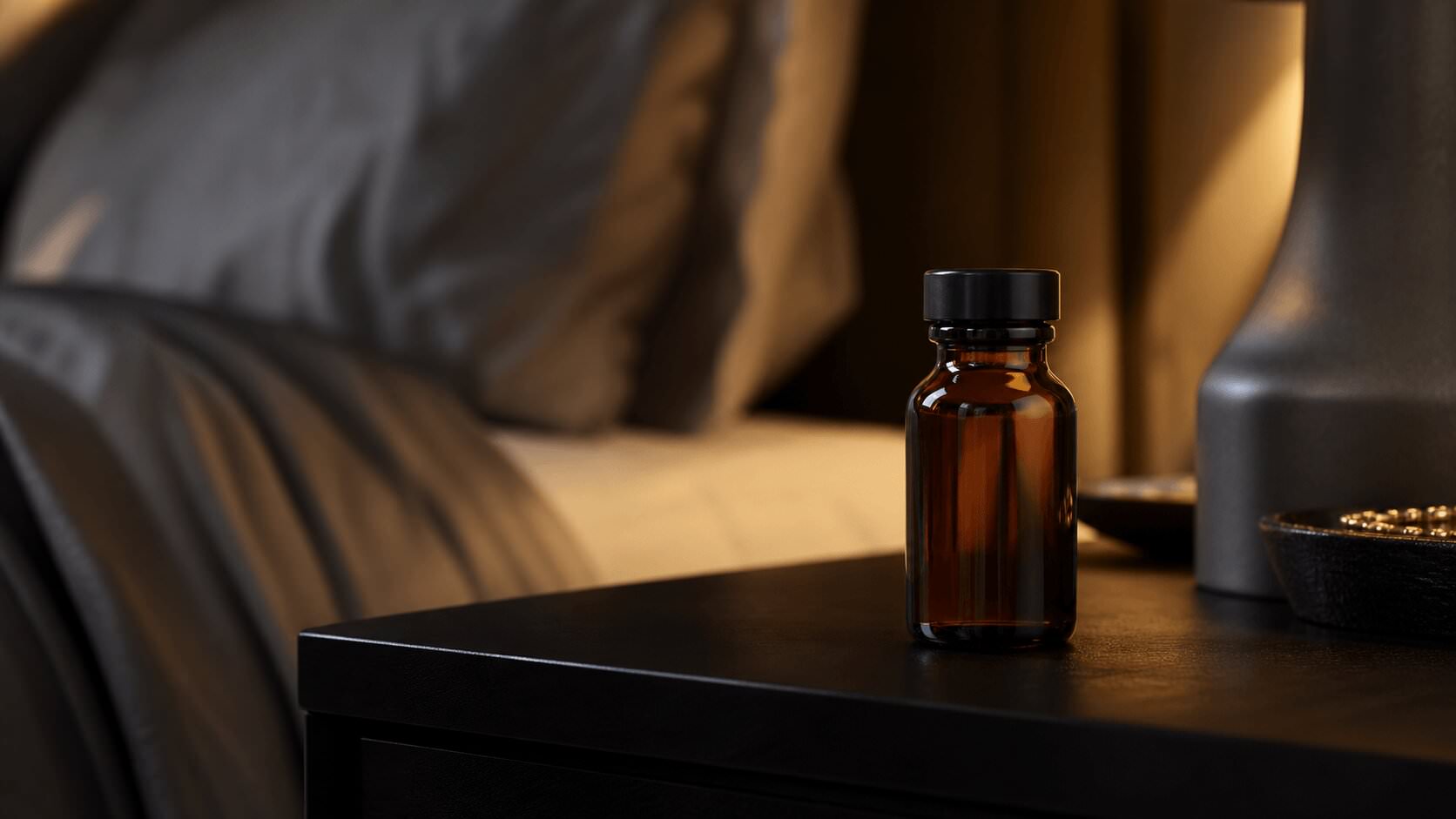 Poppers sex bottle on bedside table in intimate atmosphere