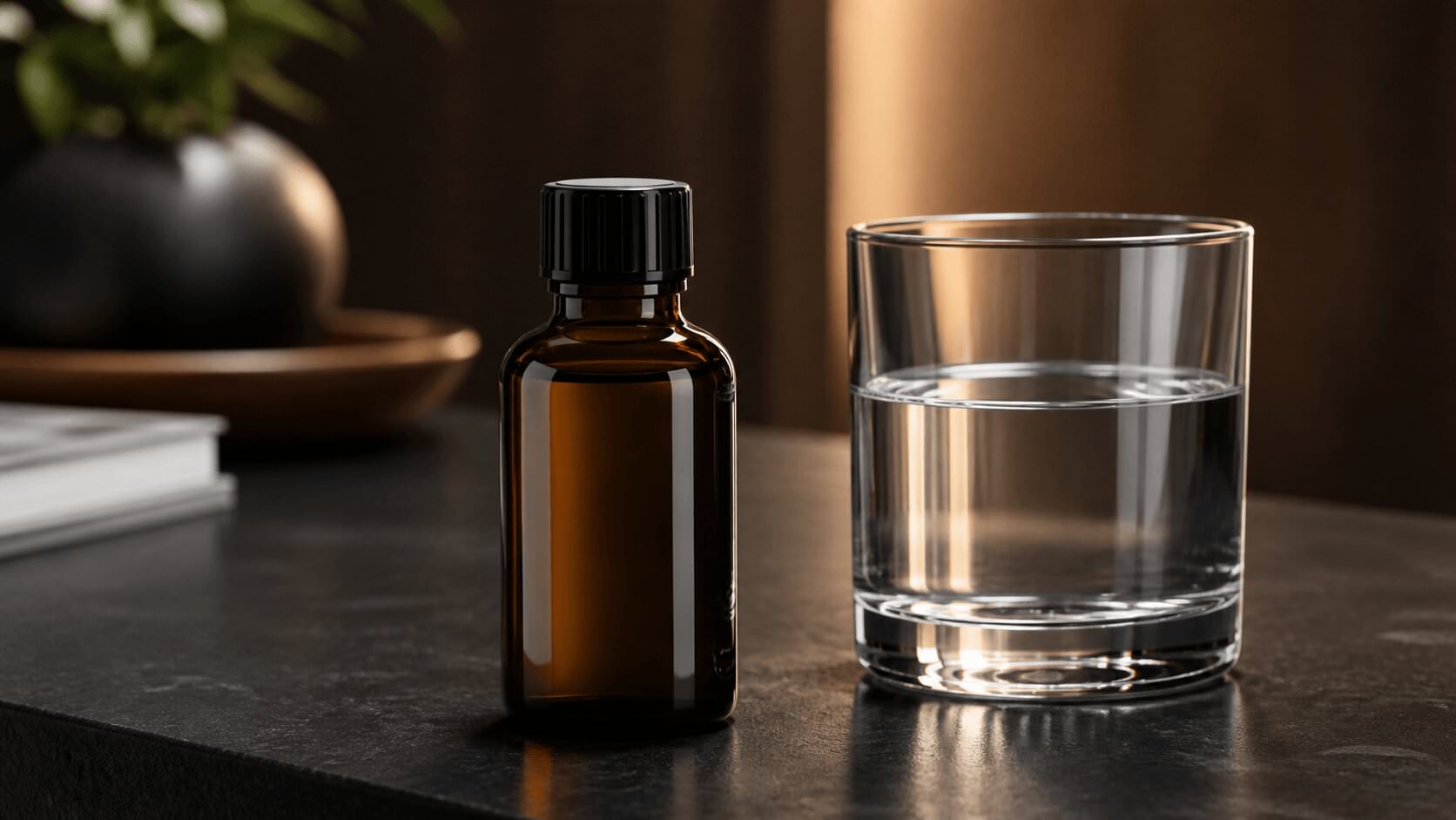 Poppers side-effects bottle with glass of water on a dark table
