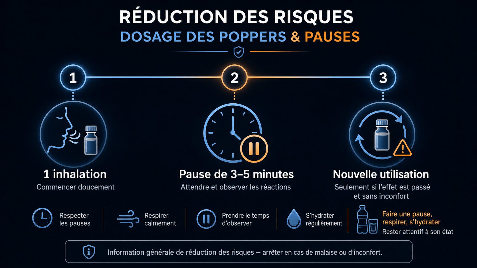 Chronologie du dosage des poppers avec inhalation et pauses entre les utilisations