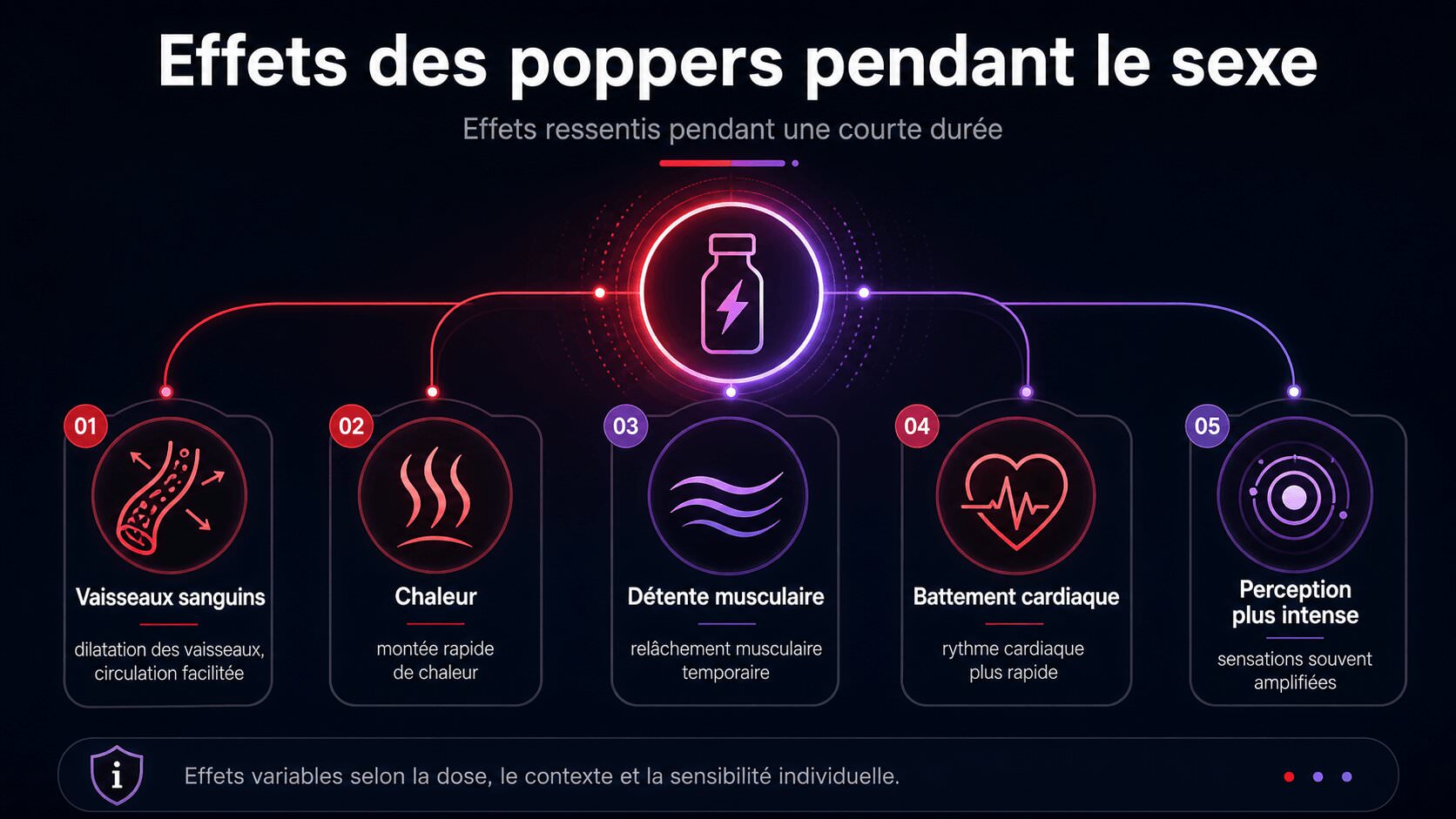 Infographie sur l’effet des poppers pendant le sexe avec détente musculaire et ressenti corporel