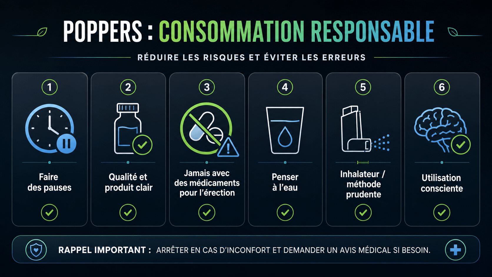 Checklist pour une consommation responsable de poppers avec pauses, qualité et inhalateur