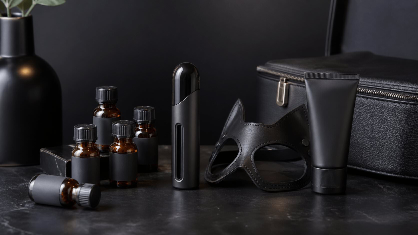 Poppers-accessoires met flesjes, inhaler, masker, glijmiddel en opbergbox