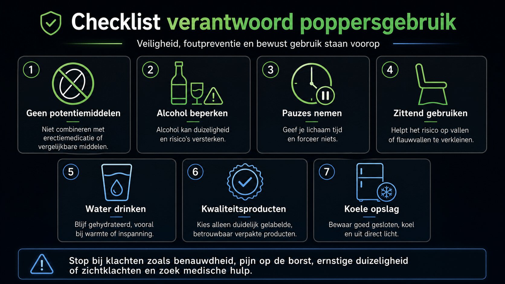 Checklist voor veilig poppersgebruik met pauzes, water, kwaliteit en opslag